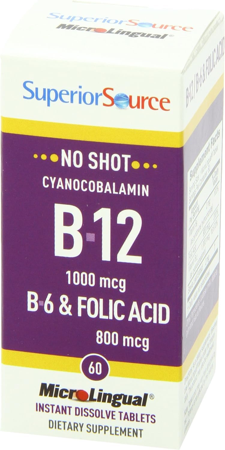 Superior Source No Shot B-12 1000 mcg + B-6 & Folic Acid 800 mcg – Sublingual Tablets, Pack of 2 (60 Tablets Per Bottle) – Supports Brain & Heart Health