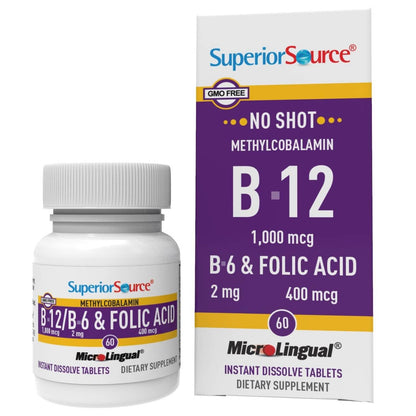Superior Source No Shot B-12 1000 mcg + B-6 & Folic Acid 800 mcg – Sublingual Tablets, Pack of 2 (60 Tablets Per Bottle) – Supports Brain & Heart Health
