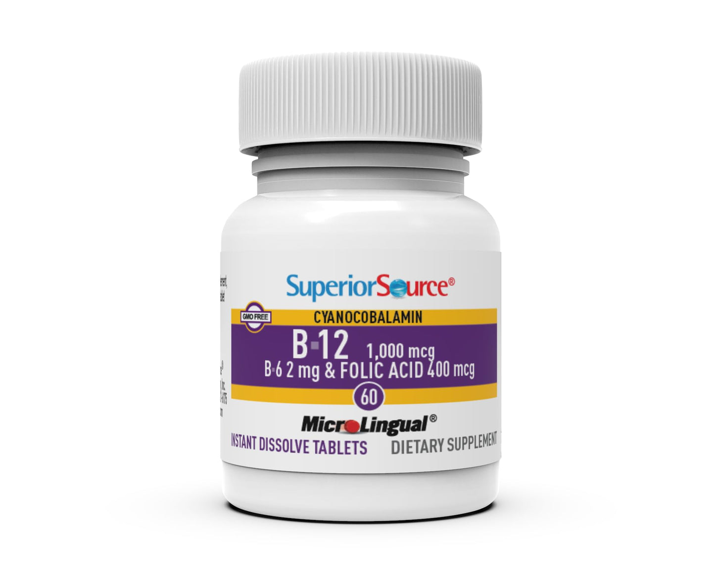 Superior Source No Shot B-12 Cyanocobalamin 1000 mcg + B-6 & Folic Acid 400 mcg – 60 Sublingual Tablets