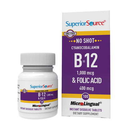 Superior Source No Shot B-12 (Cyanocobalamin) 1000 mcg & Folic Acid 400 mcg — Sublingual 100 Tablets