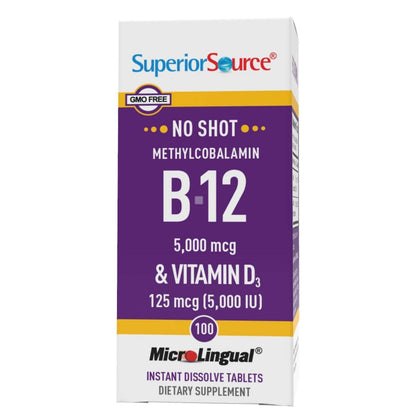 Superior Source NO SHOT Methylcobalamin B-12 5,000 mcg + D3 5,000 IU – Energy & Heart Health