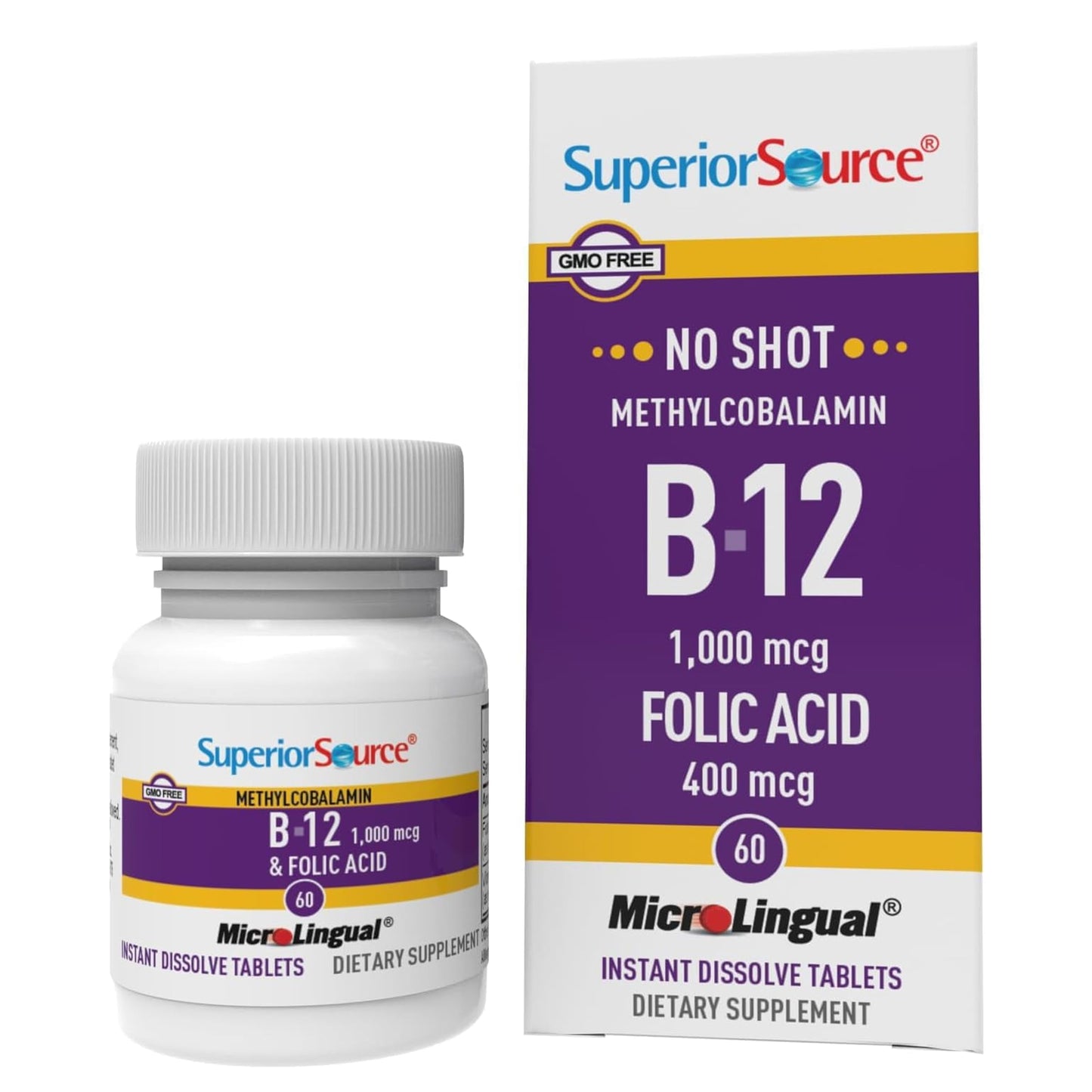Superior Source No Shot Methylcobalamin B12 with Folic Acid – 60 Count