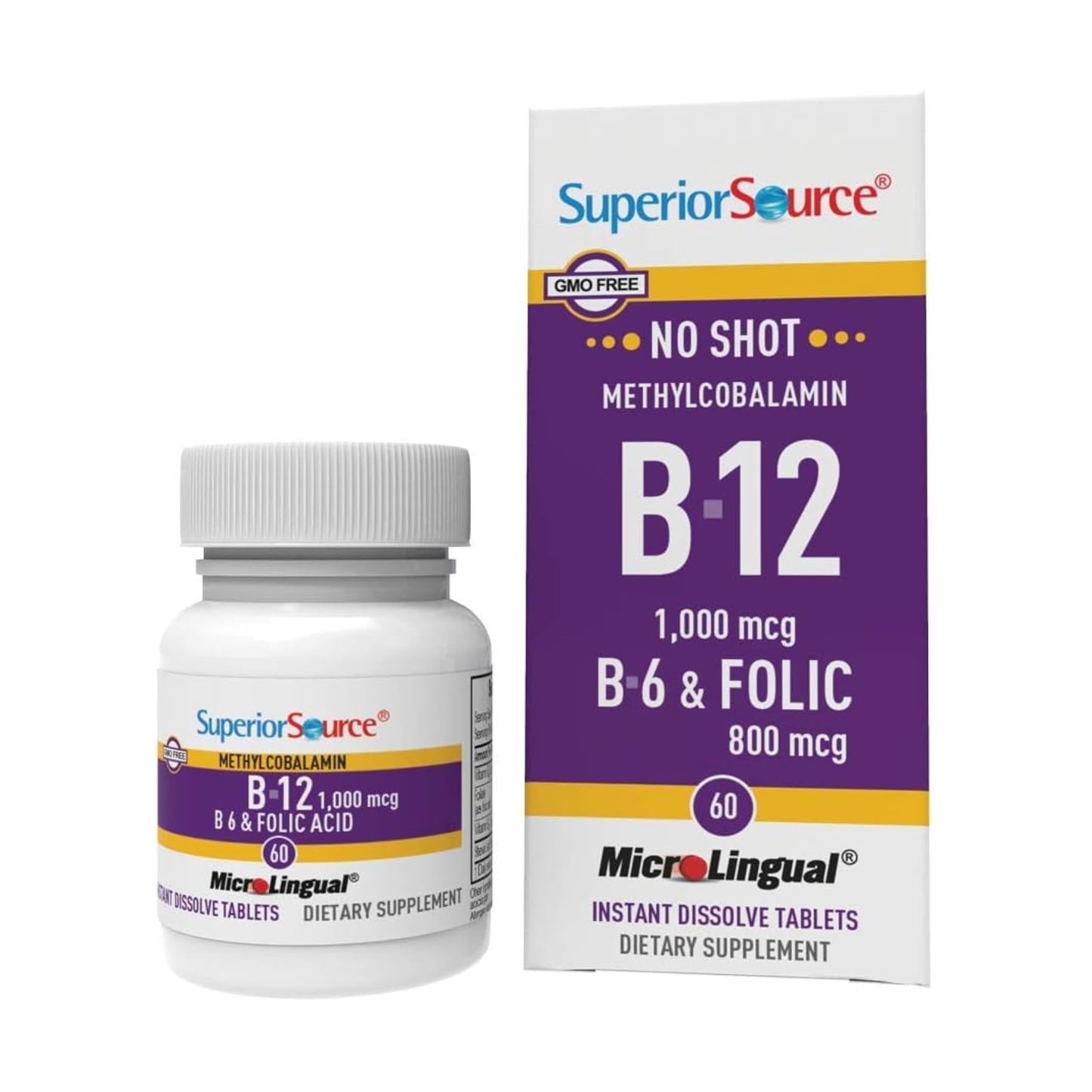 Superior Source No Shot B-12 Methylcobalamin 1000 mcg, B-6 & Folic Acid Sublingual Tablets – Energy & Brain Health