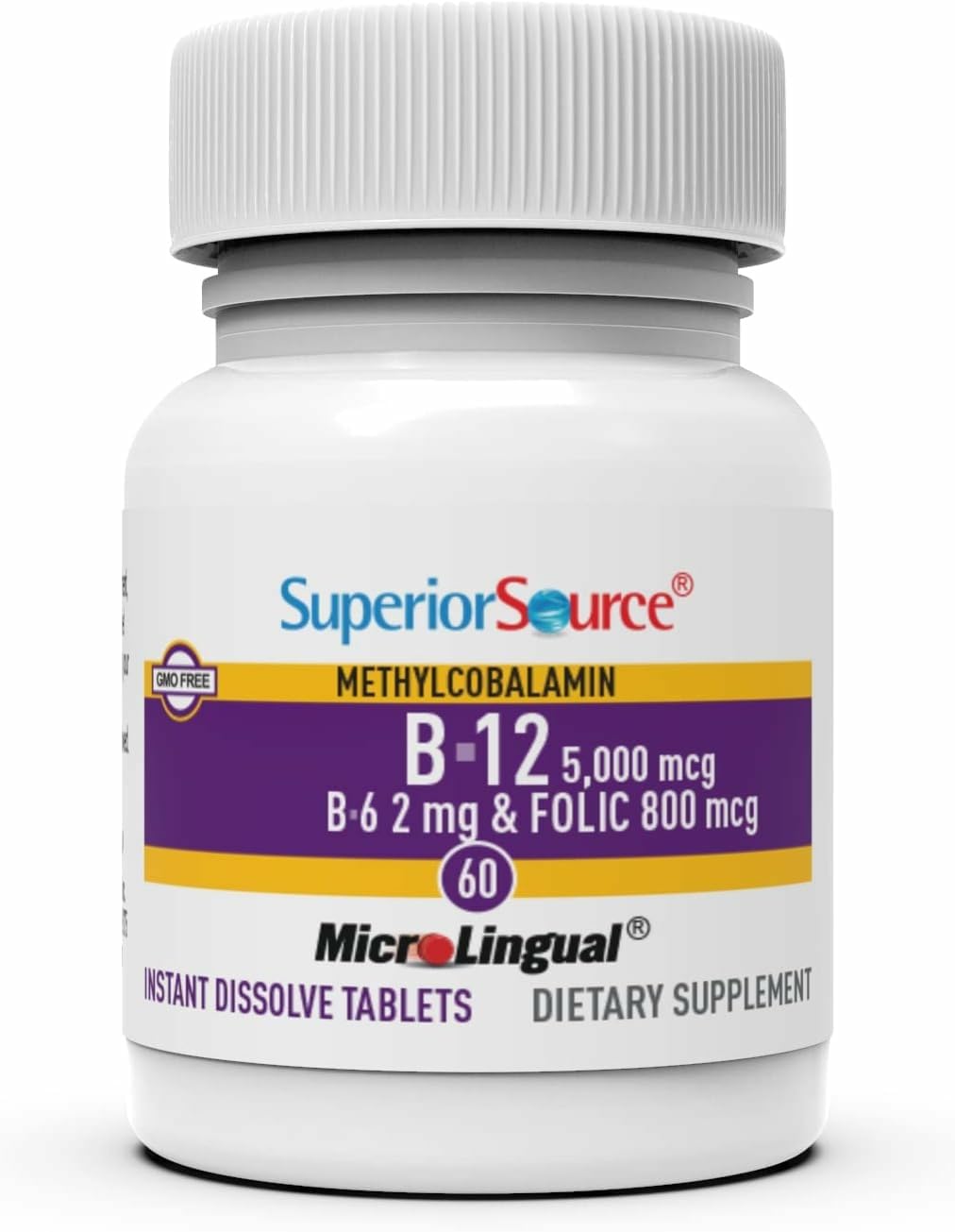 Superior Source No Shot B12 Methylcobalamin 5000 mcg + B6 & Folic Acid - Sublingual 60 Count