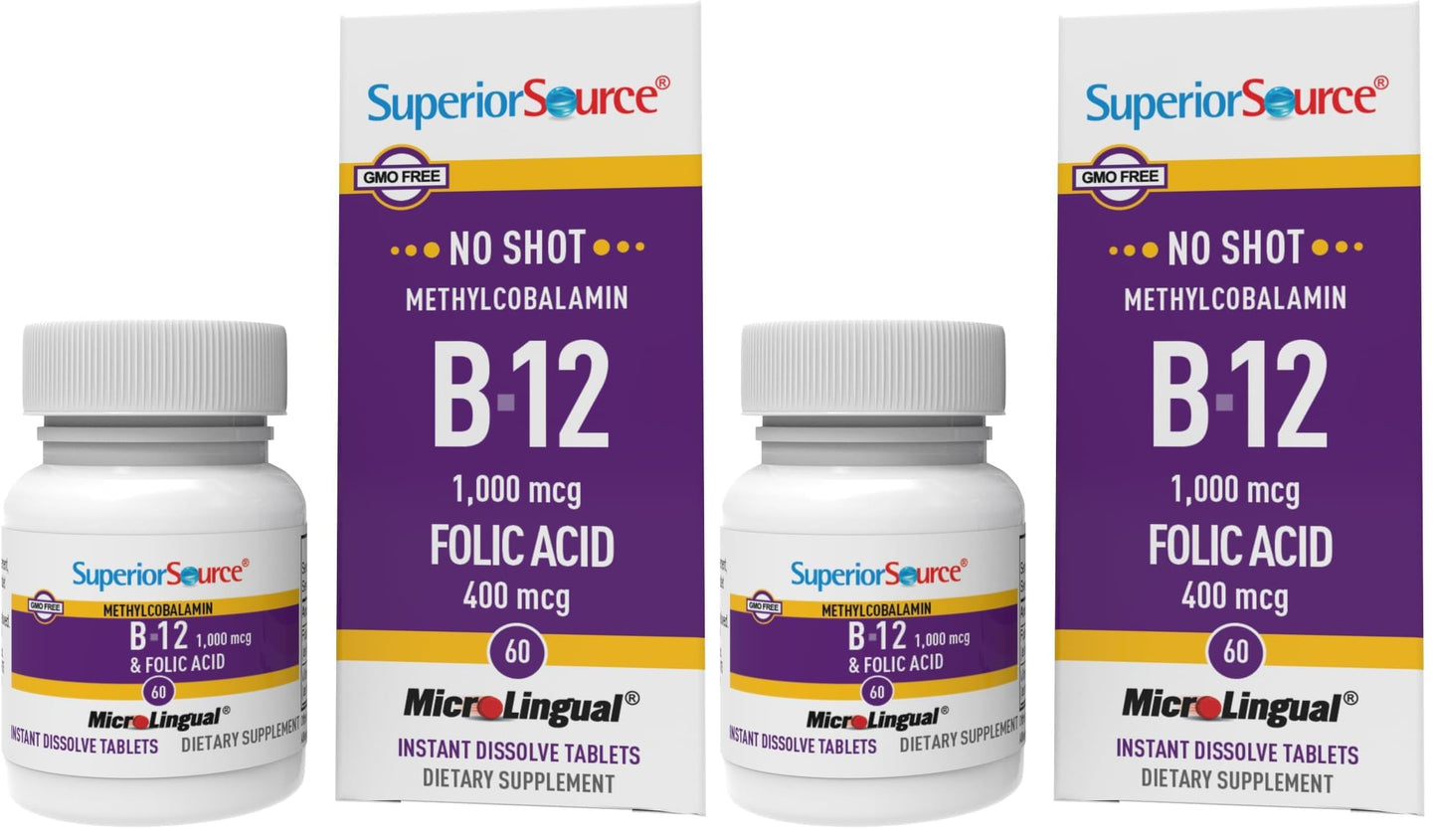 Superior Source No Shot Methylcobalamin B12 + Folic Acid Multivitamin - 60 Count (Pack of 2)