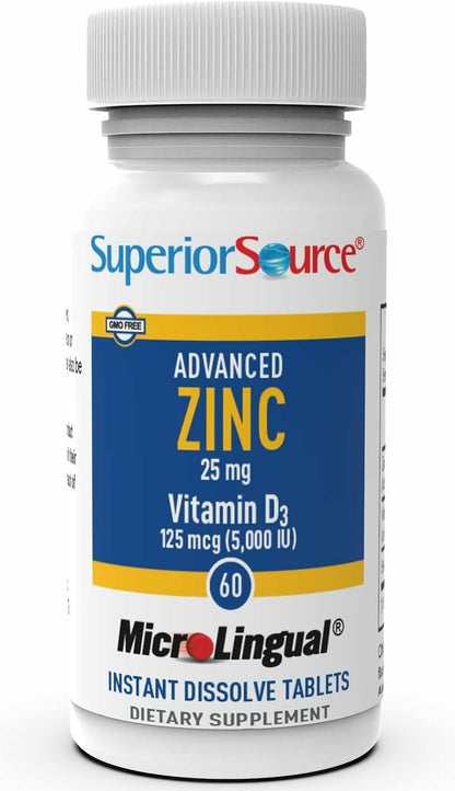Superior Source Advanced Zinc 25 mg + Vitamin D3 5000 IU – Immune Support, 60 MicroLingual Tablets (Pack of 2) – Non-GMO & Gluten-Free