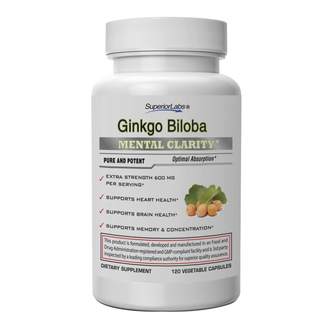SuperiorLabs Ginkgo Biloba 1200 mg - Non-GMO, Black Pepper Absorption