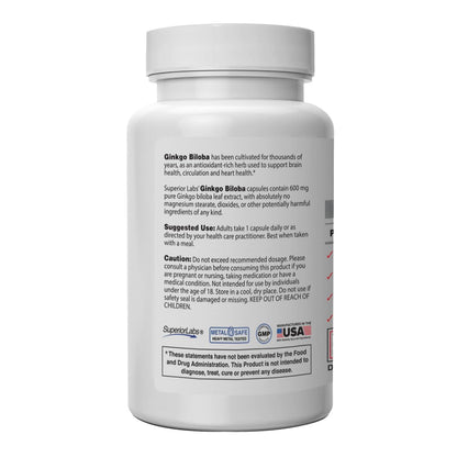 SuperiorLabs Ginkgo Biloba 1200 mg - Non-GMO, Black Pepper Absorption