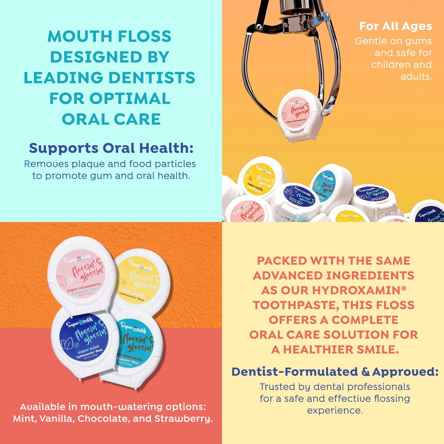 SuperMouth Fluoride-Free Expanding Floss – Enamel Support with Nano-Hydroxyapatite + D3 and K2 | 4 Flavors