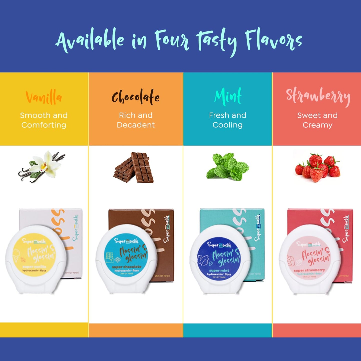 SuperMouth Fluoride-Free Expanding Floss – Enamel Support with Nano-Hydroxyapatite + D3 and K2 | 4 Flavors