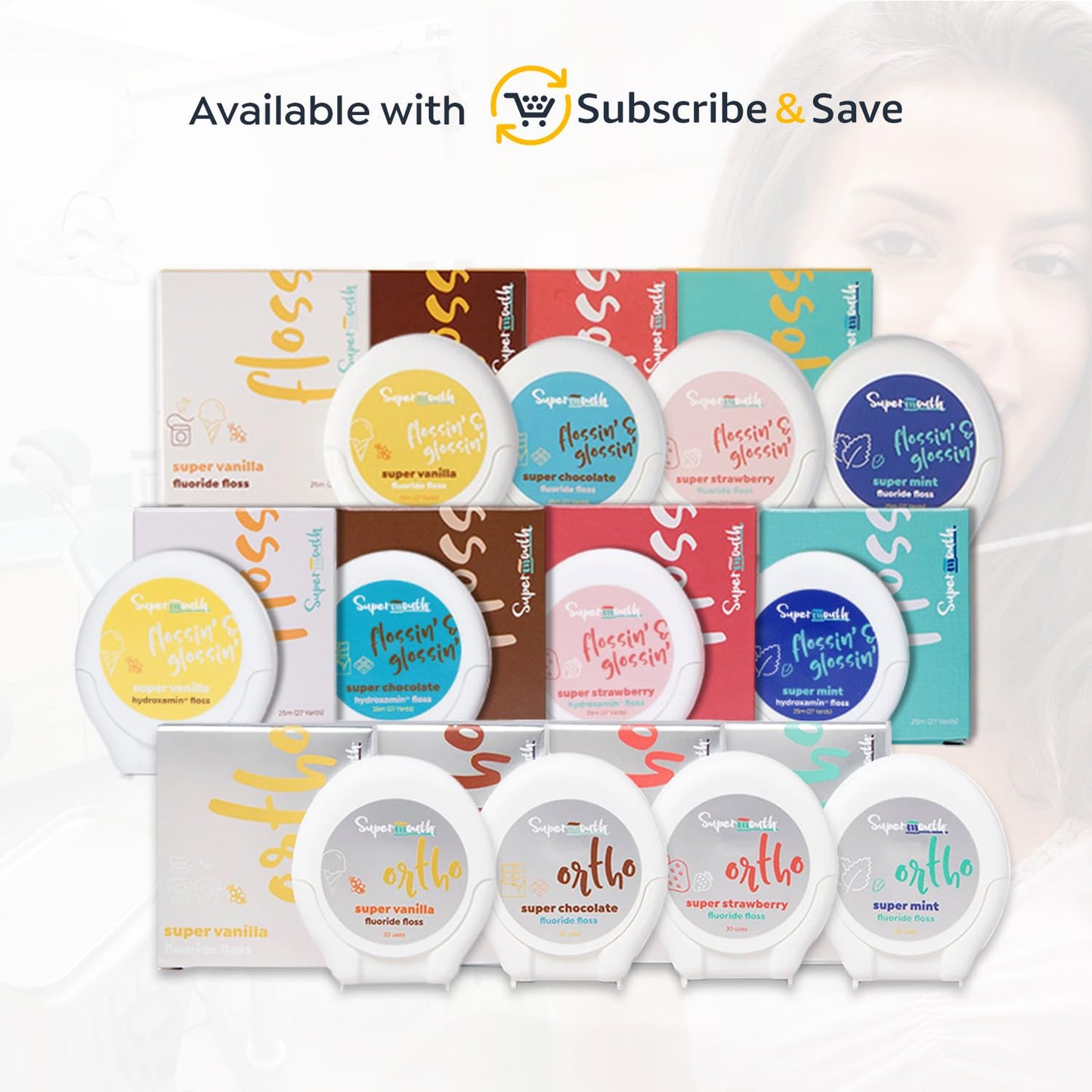 SuperMouth Fluoride Floss – Patented Expanding, 40% More Plaque, 4 Flavors