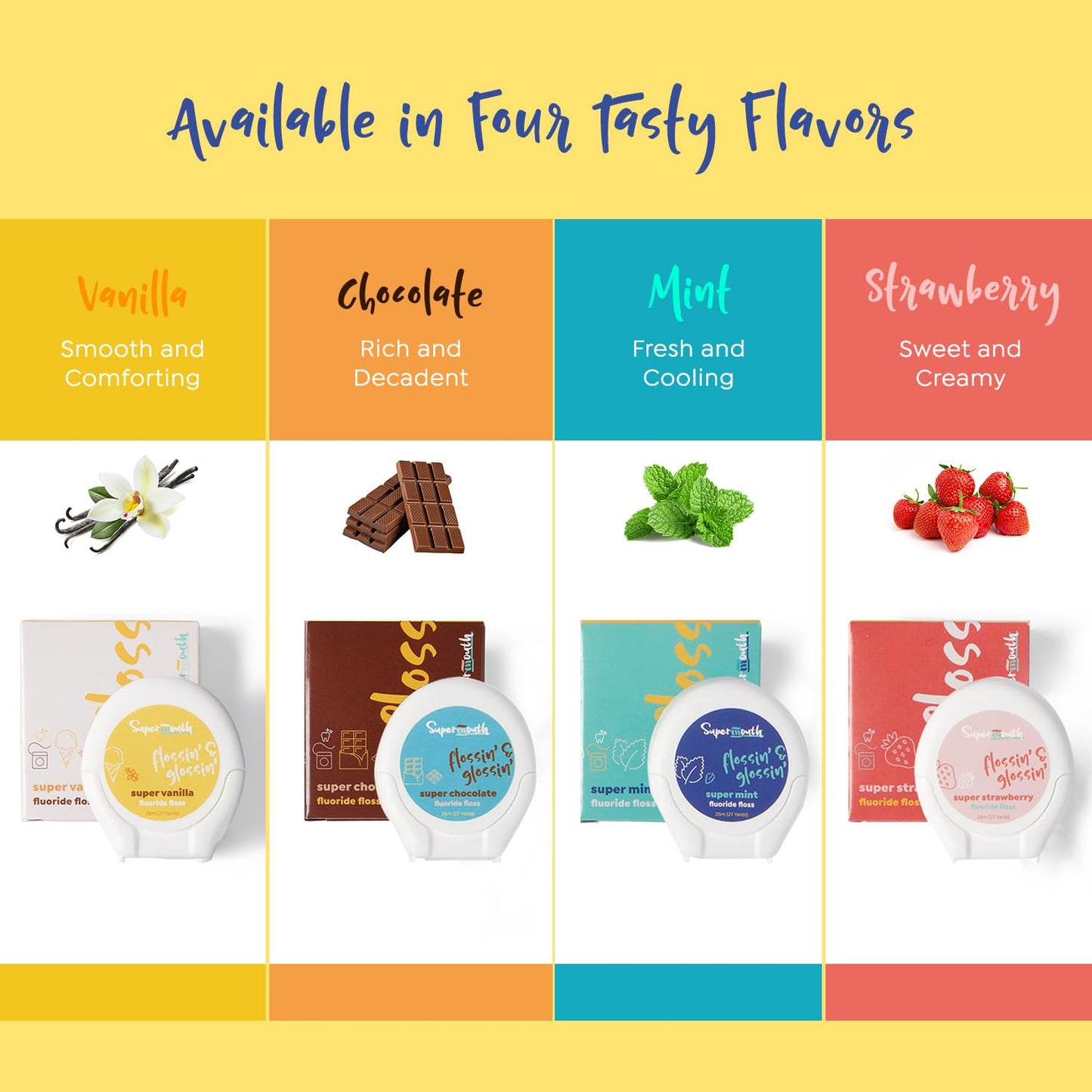 SuperMouth Fluoride Floss – Patented Expanding, 40% More Plaque, 4 Flavors