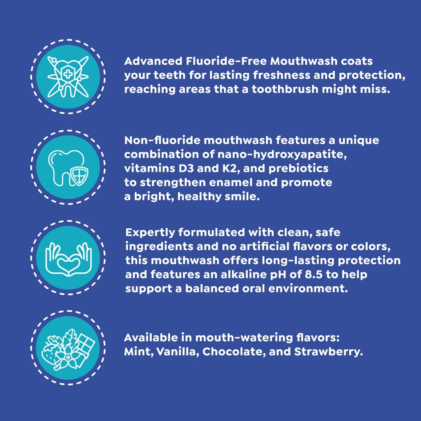 SuperMouth® Fluoride-Free Mouthwash – Nano-Hydroxyapatite, D3 & K2, Prebiotics, Alkaline pH 8.5, Alcohol-Free, 4 Flavors