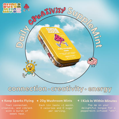SuperMush Daily Creativity and Connection SuppleMint | Cordyceps, Reishi, Maca & Bacopa Monnieri Mixed Mushrooms Extract | Pure Breath Mint for Creativity & Connection | 20g Organic Mushroom Mint