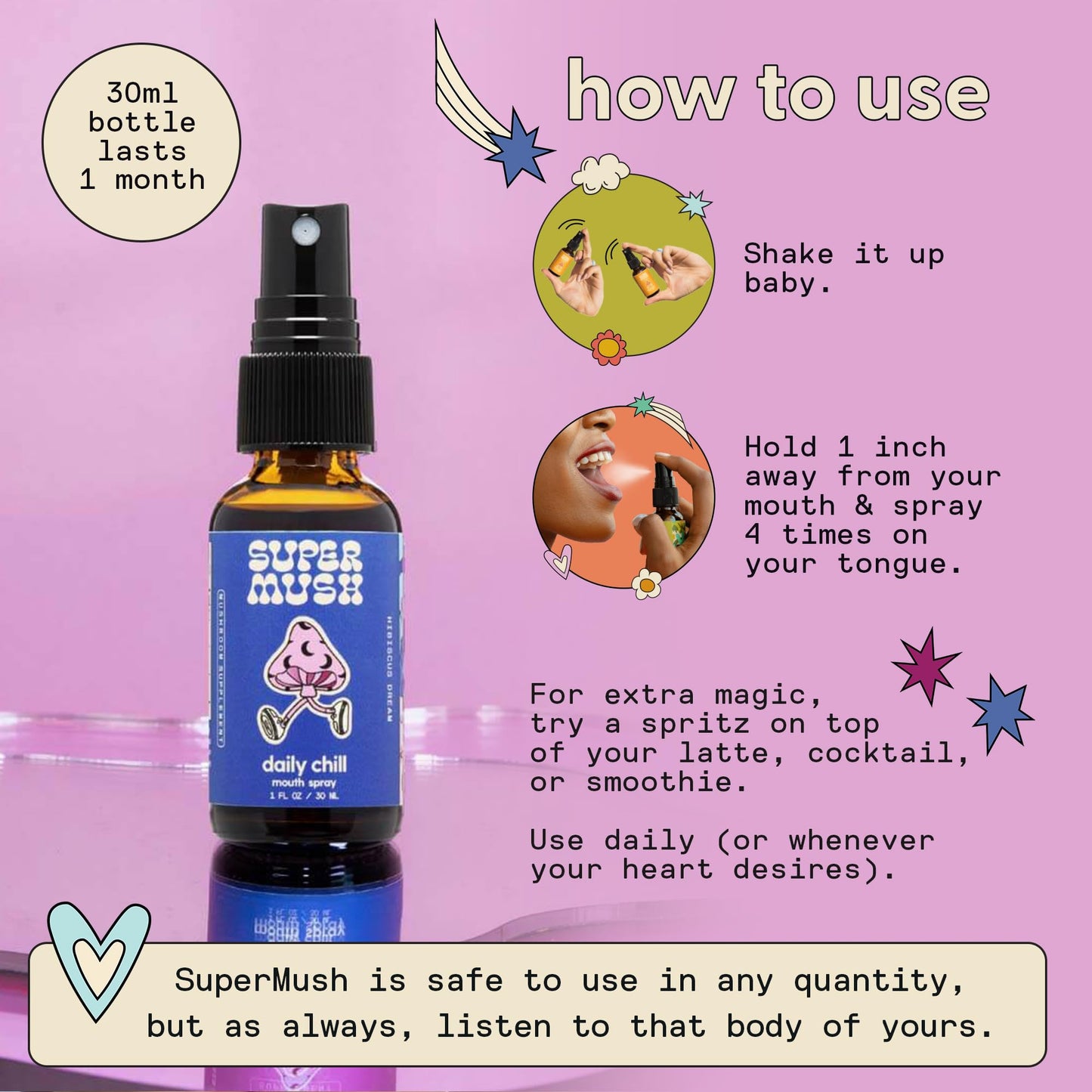 SuperMush Daily Chill Mouth Spray – Reishi, Lion's Mane, Hibiscus & Ashwagandha | 30ml Organic