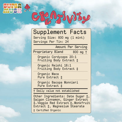 SuperMush Daily Creativity and Connection SuppleMint | Cordyceps, Reishi, Maca & Bacopa Monnieri Mixed Mushrooms Extract | Pure Breath Mint for Creativity & Connection | 20g Organic Mushroom Mint