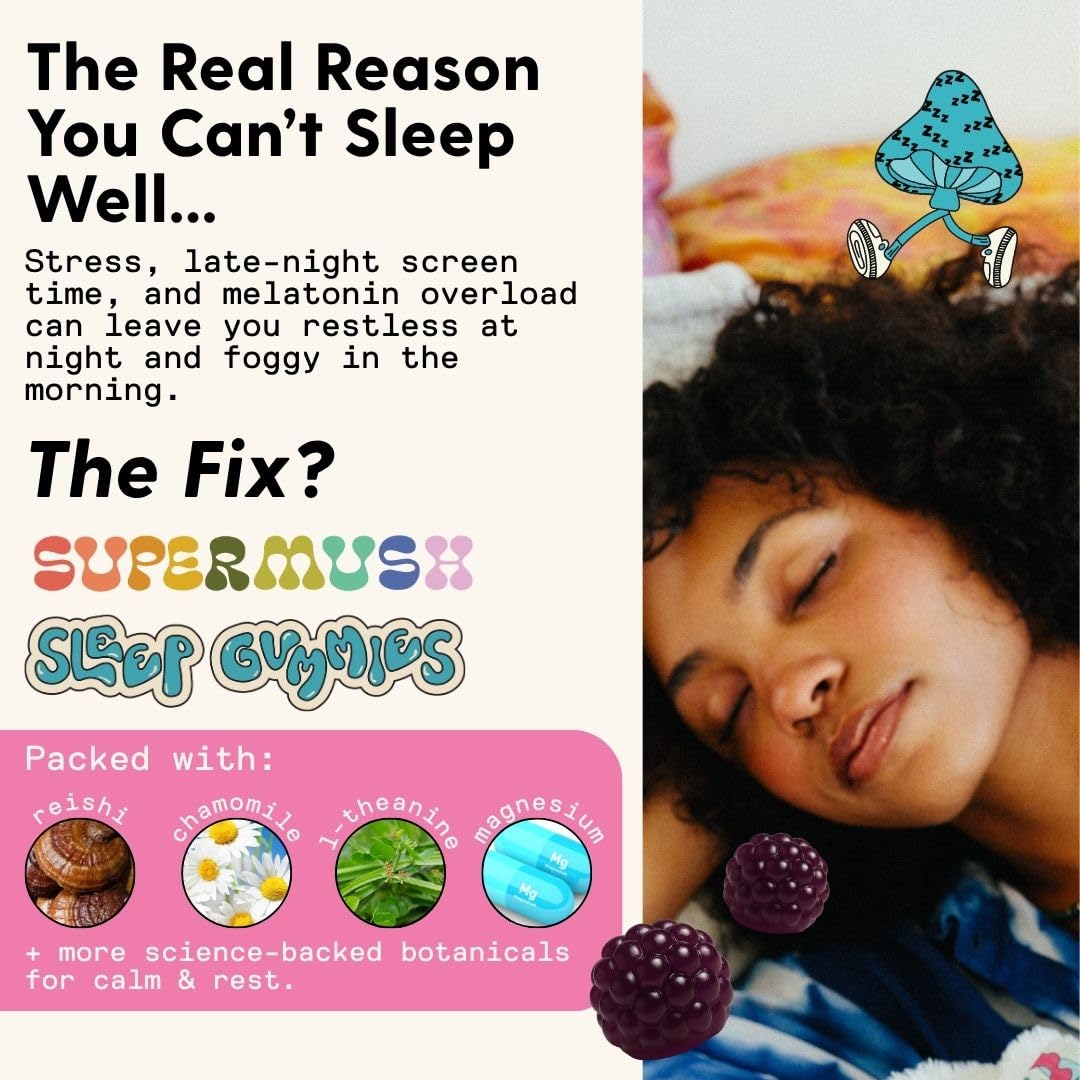 SuperMush Sleep Gummies for Adults – Vegan, Sugar-Free Mushroom Sleep Support (60 Gummies)