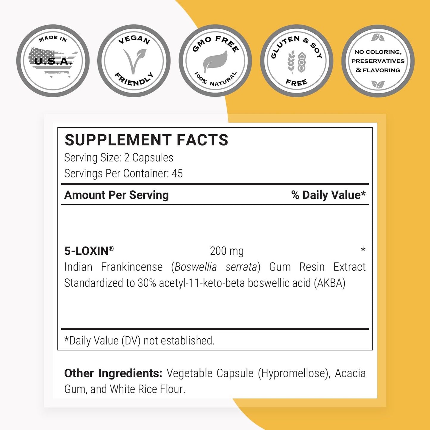 Supersmart - 5-Loxin 200mg per Day (Patented) - AKBA Supplement - 5-Loxin Boswellia Serrata Extract | Non-GMO & Gluten Free - 90 Vegetarian Capsules