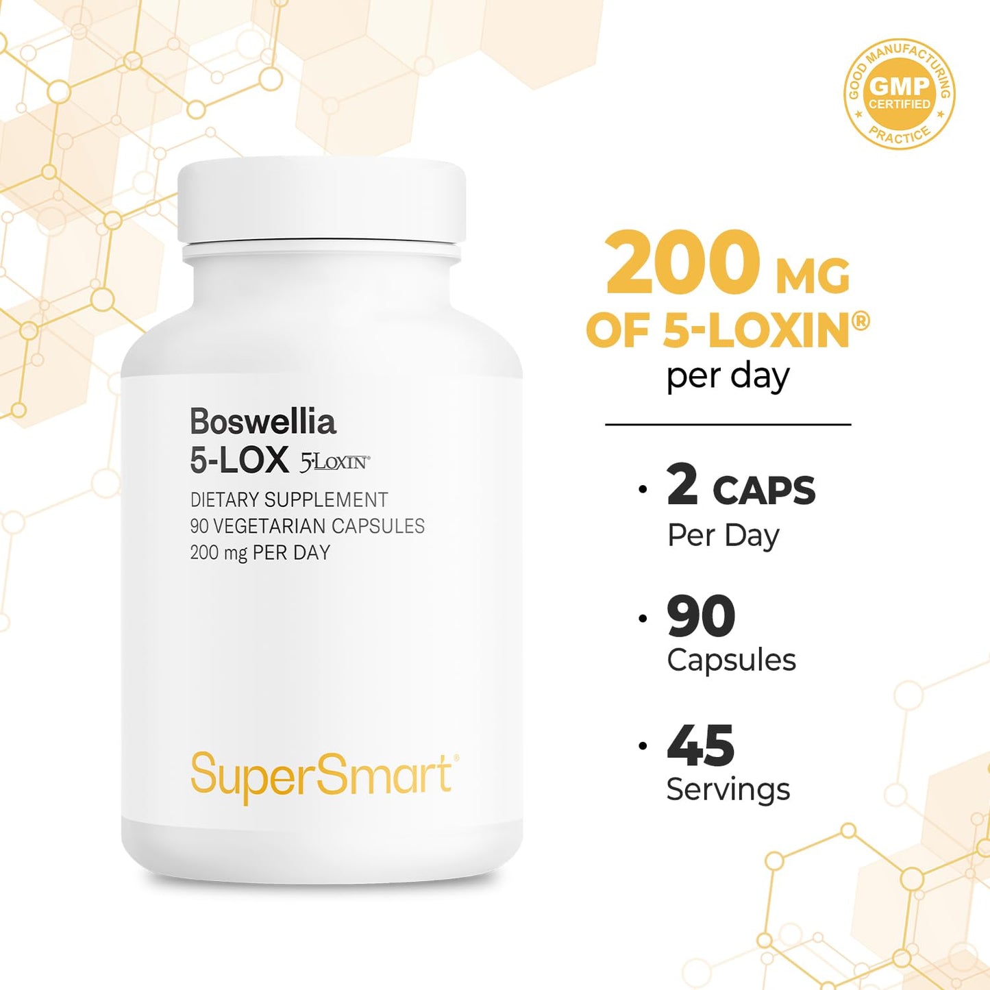 Supersmart - 5-Loxin 200mg per Day (Patented) - AKBA Supplement - 5-Loxin Boswellia Serrata Extract | Non-GMO & Gluten Free - 90 Vegetarian Capsules
