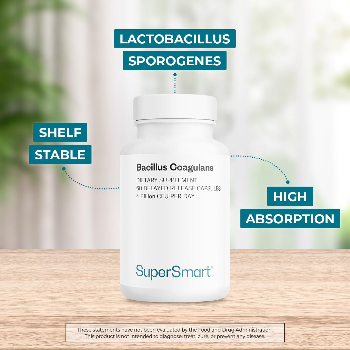 Supersmart Bacillus Coagulans Probiotic 4 Billion CFU per Day - High Absorption (Non-GMO & Gluten Free) - 60 Delayed Release Capsules