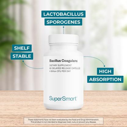 Supersmart Bacillus Coagulans Probiotic 4 Billion CFU per Day - High Absorption (Non-GMO & Gluten Free) - 60 Delayed Release Capsules