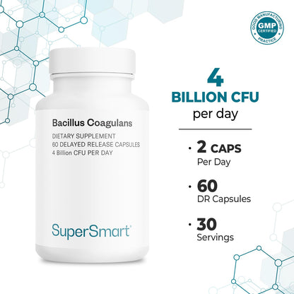 Supersmart Bacillus Coagulans Probiotic 4 Billion CFU per Day - High Absorption (Non-GMO & Gluten Free) - 60 Delayed Release Capsules