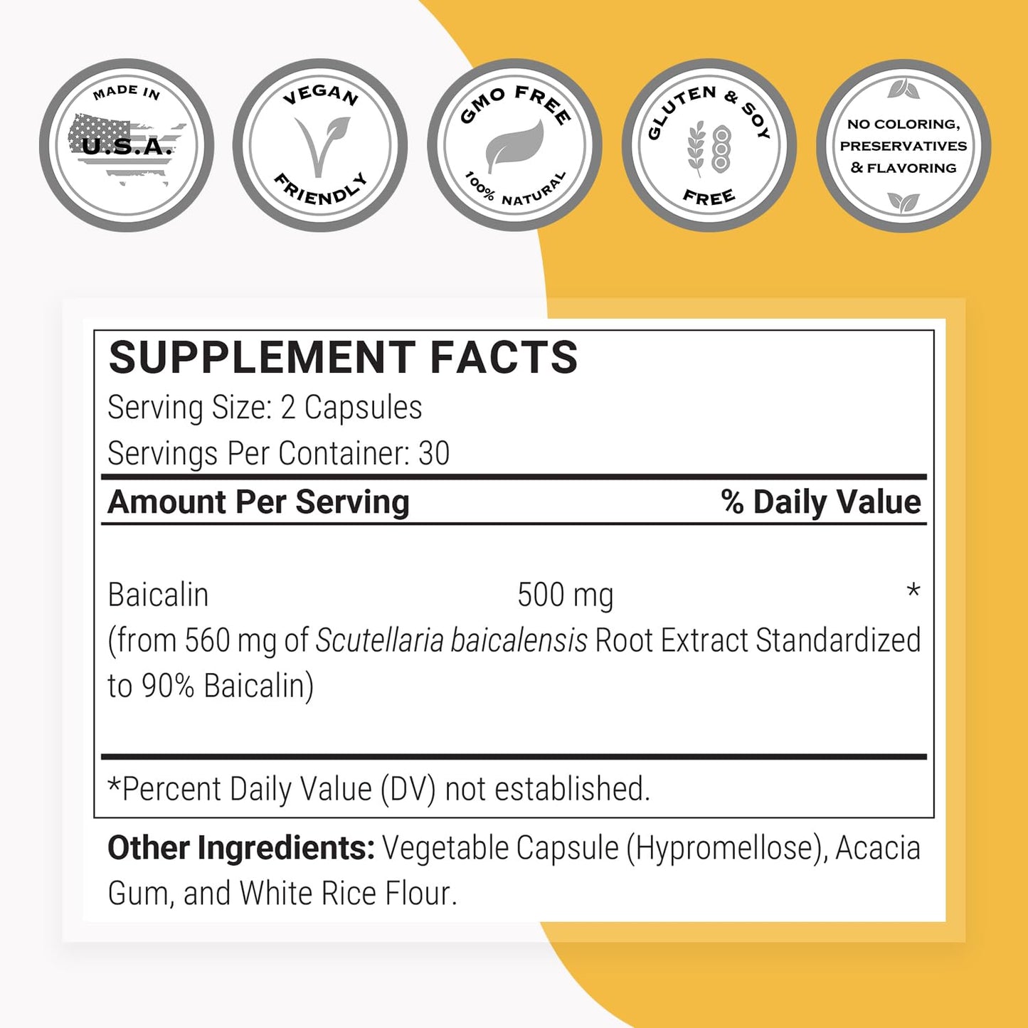 Supersmart - 90% Baicalin 500mg per Day (Scutellaria Baicalensis) - Chinese Skullcap Extract Supplement | Non-GMO & Gluten Free - 60 Vegetarian Capsules
