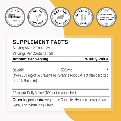 Supersmart - 90% Baicalin 500mg per Day (Scutellaria Baicalensis) - Chinese Skullcap Extract Supplement | Non-GMO & Gluten Free - 60 Vegetarian Capsules