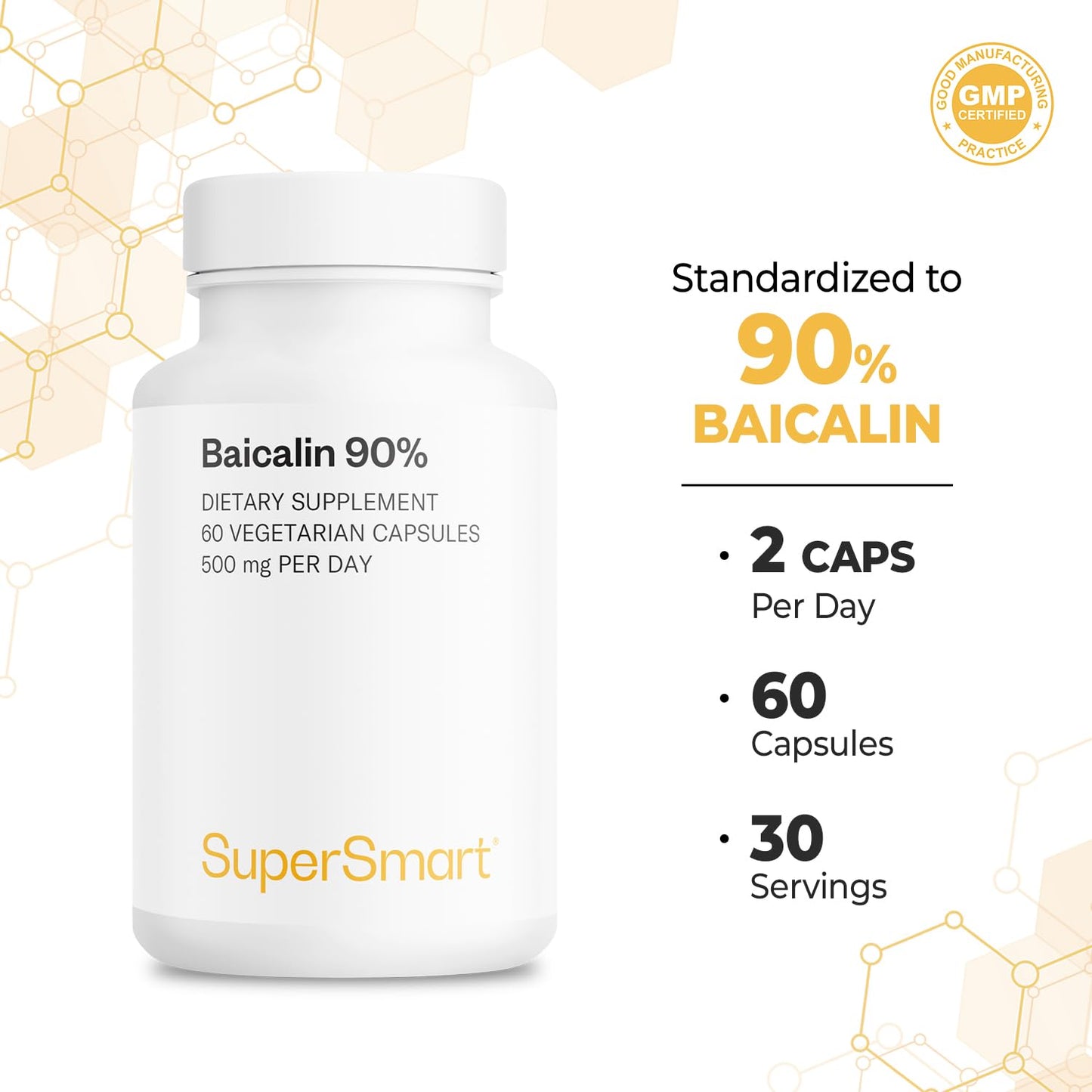 Supersmart - 90% Baicalin 500mg per Day (Scutellaria Baicalensis) - Chinese Skullcap Extract Supplement | Non-GMO & Gluten Free - 60 Vegetarian Capsules