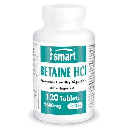 Supersmart Betaine HCl 2600mg per Day – High Potency with Protease Enzymes | Non-GMO & Gluten Free | 120 Tablets