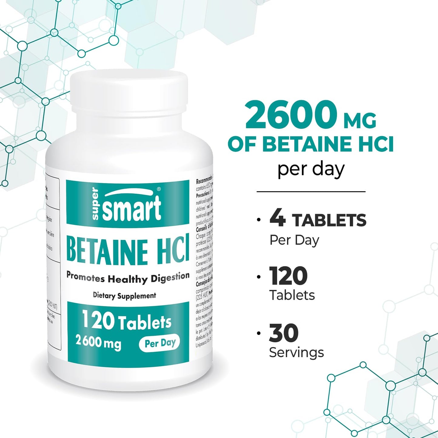 Supersmart Betaine HCl 2600mg per Day – High Potency with Protease Enzymes | Non-GMO & Gluten Free | 120 Tablets