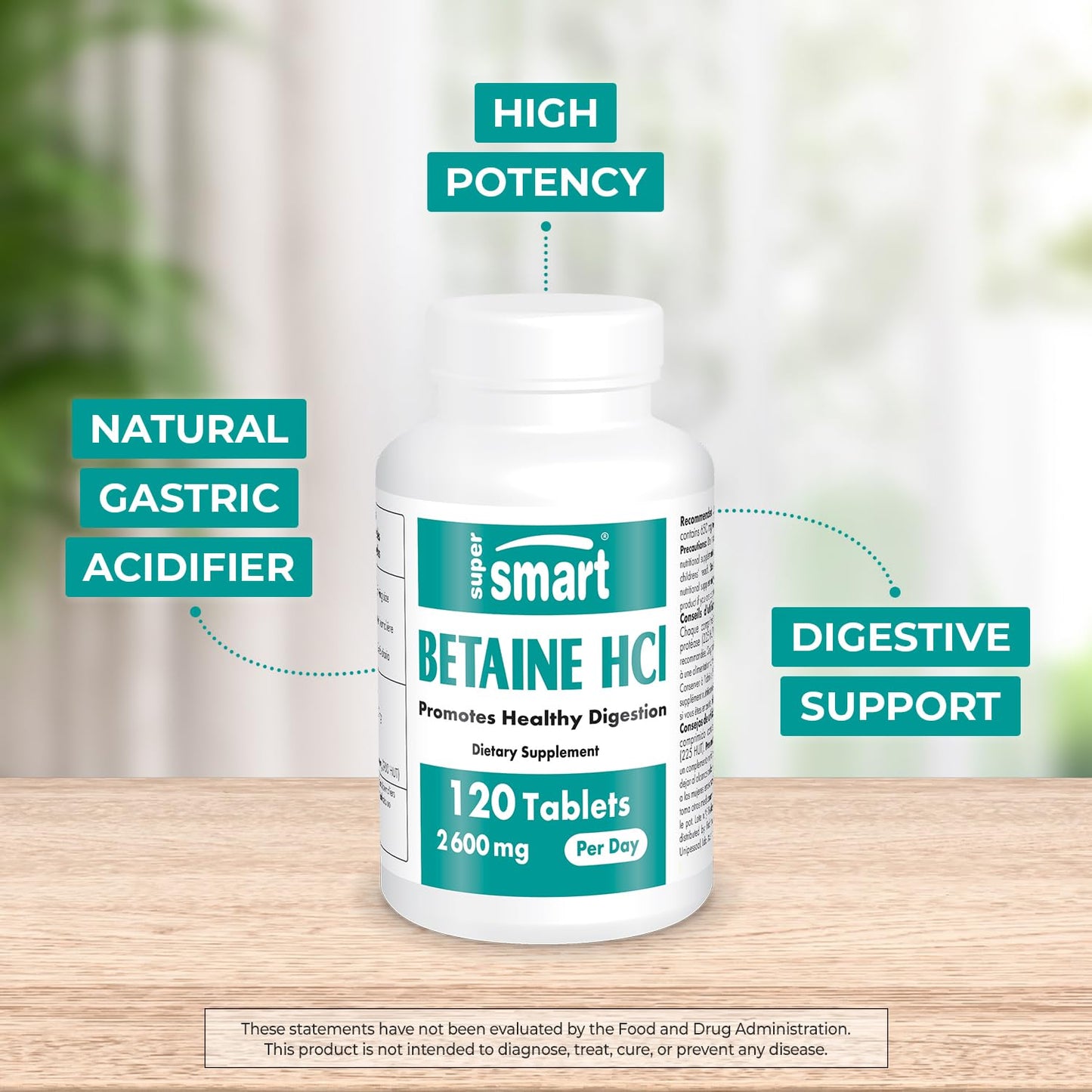 Supersmart Betaine HCl 2600mg per Day – High Potency with Protease Enzymes | Non-GMO & Gluten Free | 120 Tablets