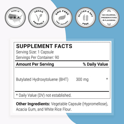 Supersmart BHT Supplement 300mg Daily – Non-GMO, Gluten Free, 90 Vegetarian Capsules