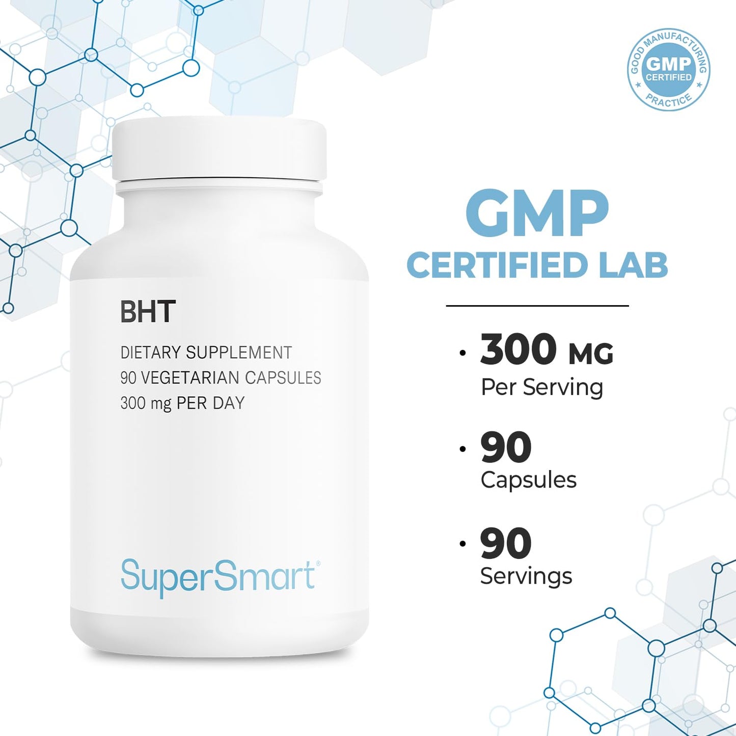 Supersmart BHT Supplement 300mg Daily – Non-GMO, Gluten Free, 90 Vegetarian Capsules