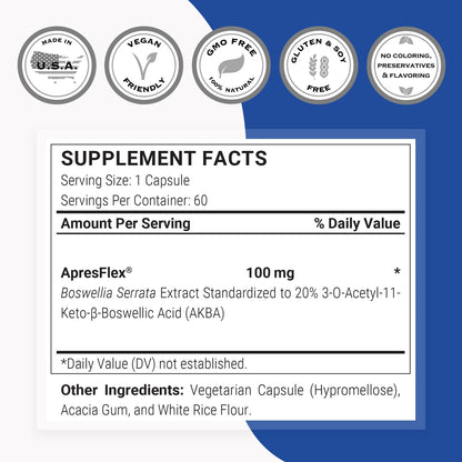 Supersmart Boswellia Extract 100mg per Day – ApresFlex AKBA 20% – Non-GMO, Gluten Free, 60 Vegan Capsules