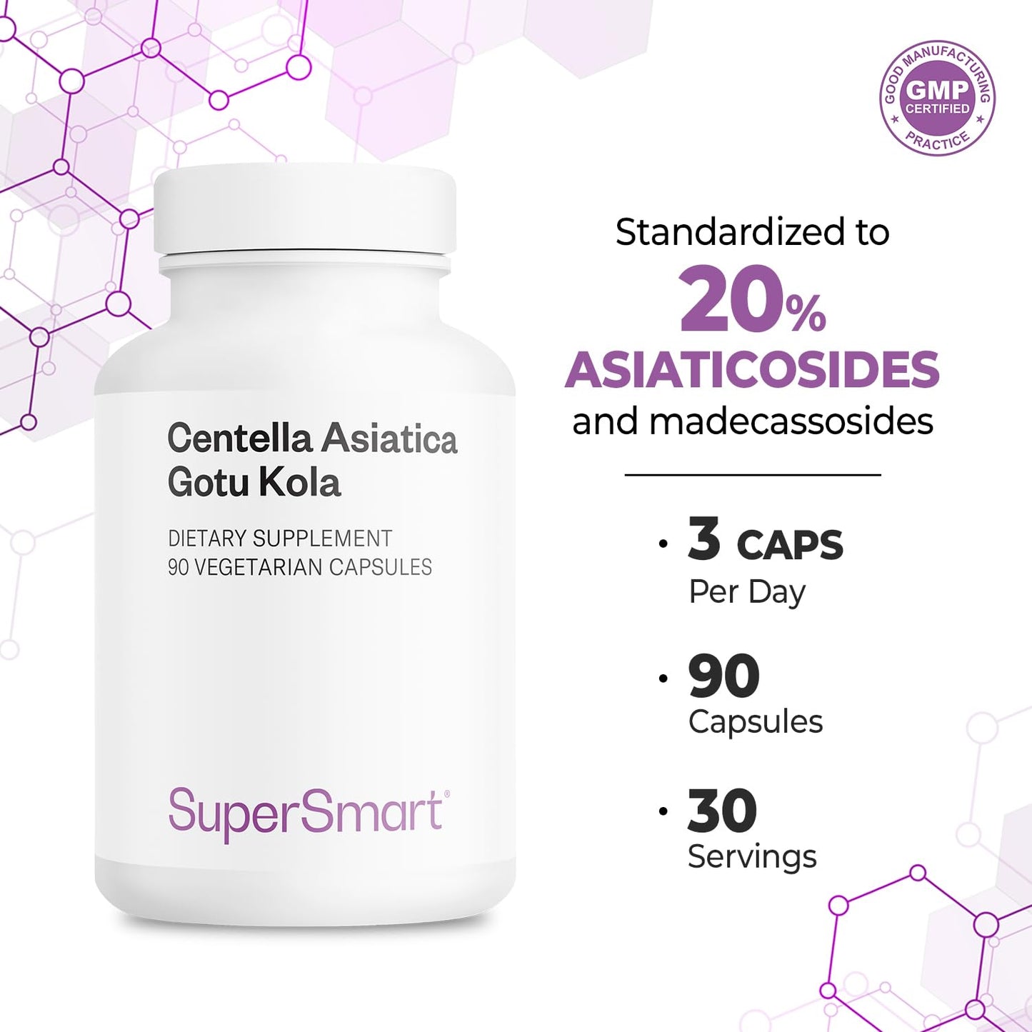 Supersmart Centella Asiatica 180mg/day – Gotu Kola Extract Supplement – Non-GMO, Gluten Free – 90 Veg Capsules