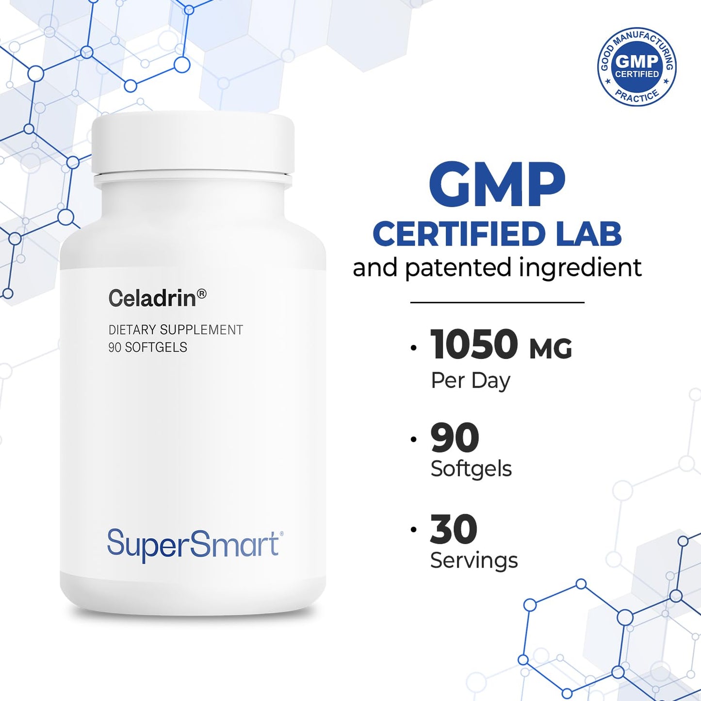 Supersmart Celadrin 1050mg per Day – Patented Esterified Fatty Acids | Non-GMO & Gluten Free | 90 Softgel Capsules