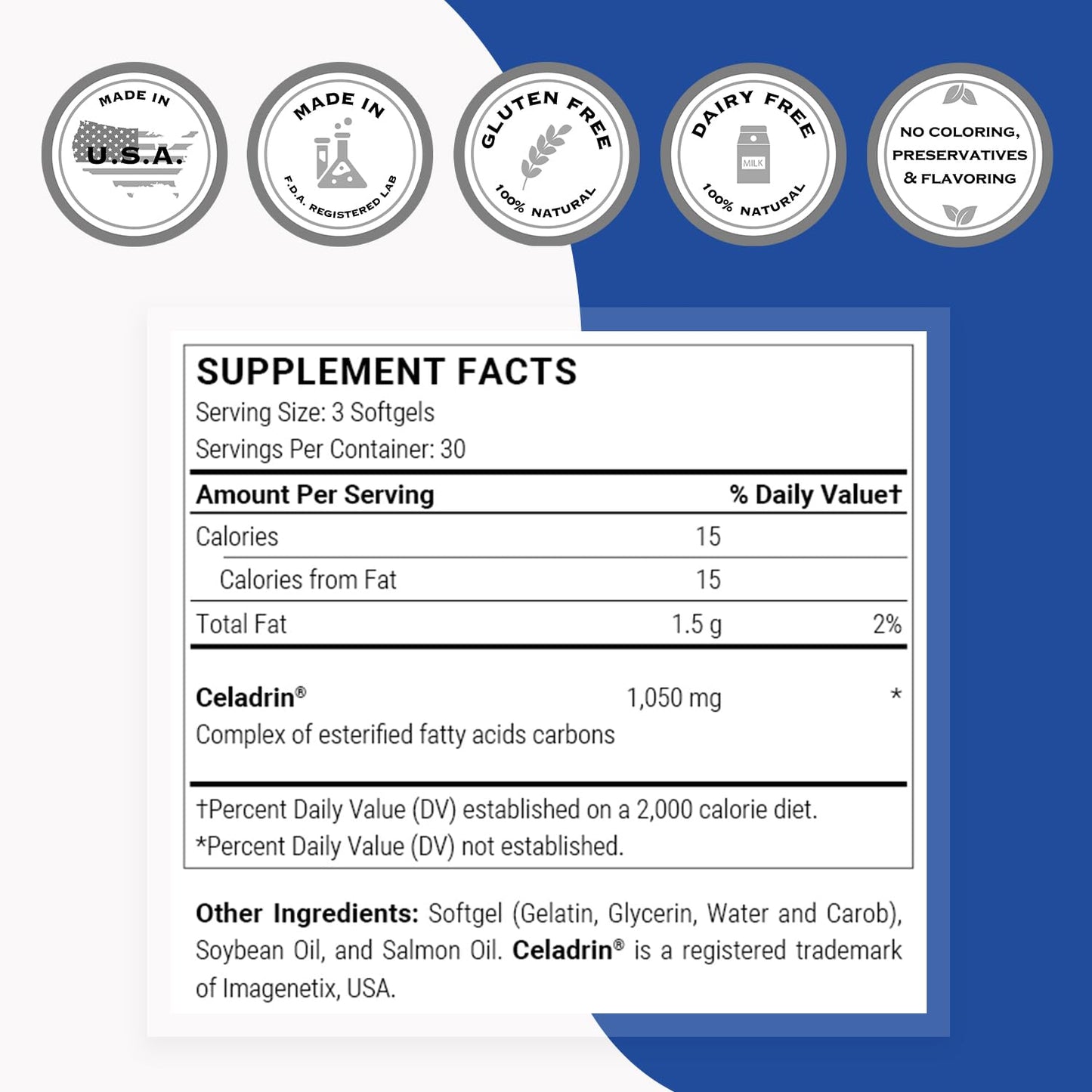 Supersmart Celadrin 1050mg per Day – Patented Esterified Fatty Acids | Non-GMO & Gluten Free | 90 Softgel Capsules