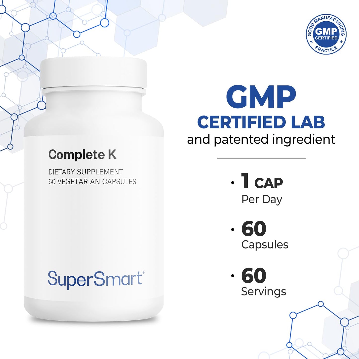 Supersmart Complete K – Vitamin K1 MK4 MK7 Full Spectrum – Non-GMO, Gluten Free | 60 Veg Capsules
