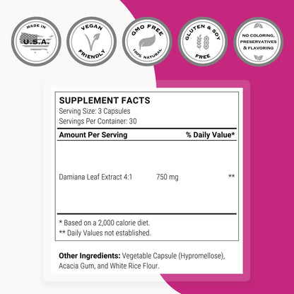 Damiana Extract 750mg per Day – Supersmart (Turnera Herb) | Non-GMO & Gluten Free | 90 Vegetarian Capsules