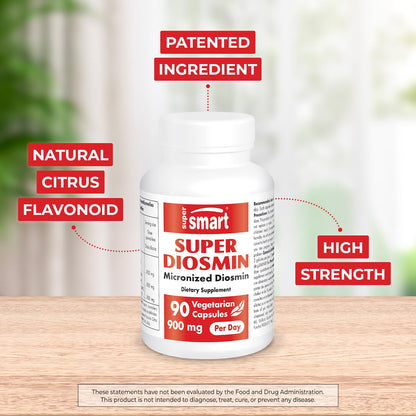 Supersmart Diosmin 900mg/Day – Patented Micronized Diosmin (µSMIN) | 90% Flavonoids, Non-GMO & Gluten Free | 90 Veg Capsules