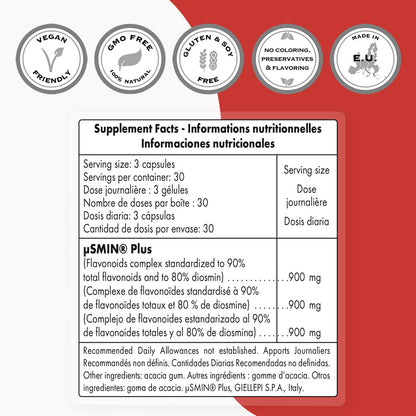 Supersmart Diosmin 900mg/Day – Patented Micronized Diosmin (µSMIN) | 90% Flavonoids, Non-GMO & Gluten Free | 90 Veg Capsules
