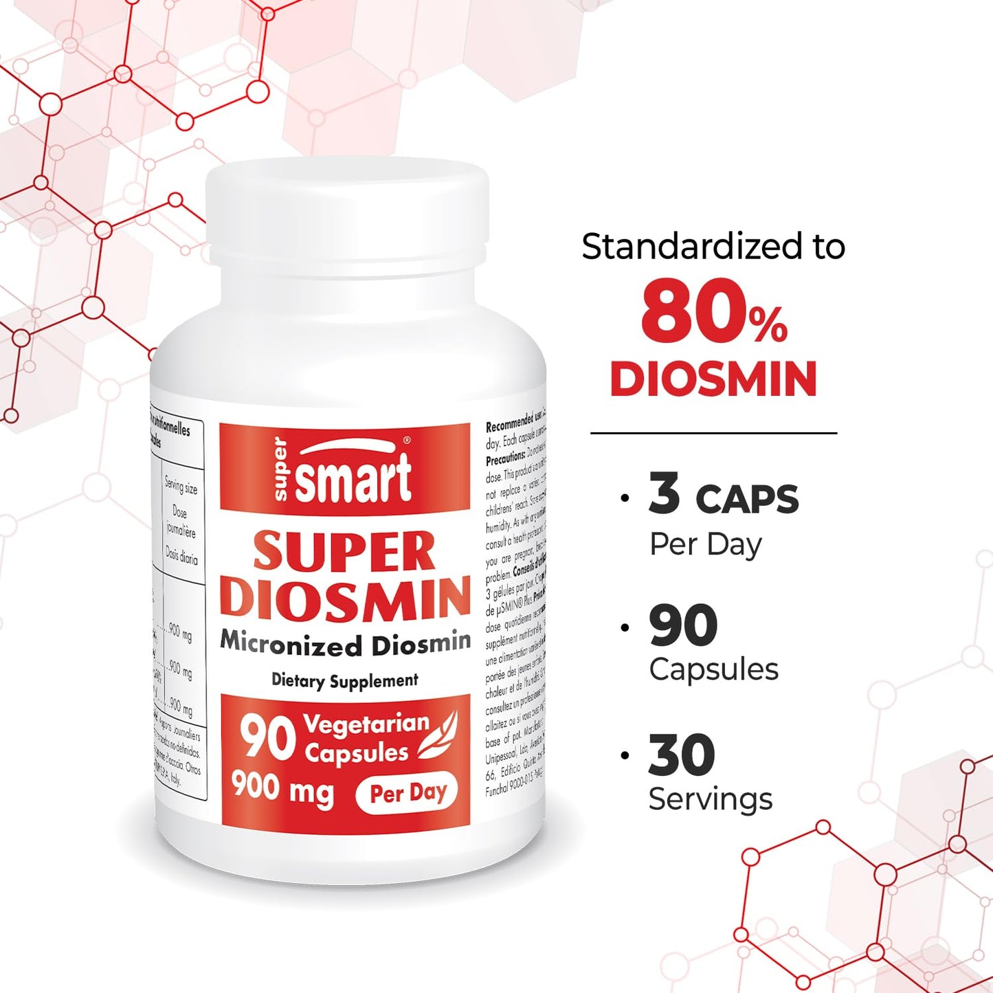 Supersmart Diosmin 900mg/Day – Patented Micronized Diosmin (µSMIN) | 90% Flavonoids, Non-GMO & Gluten Free | 90 Veg Capsules