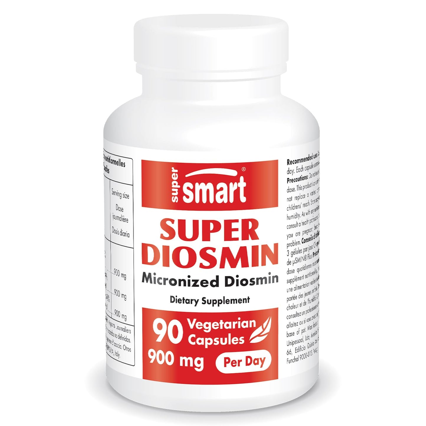 Supersmart Diosmin 900mg/Day – Patented Micronized Diosmin (µSMIN) | 90% Flavonoids, Non-GMO & Gluten Free | 90 Veg Capsules