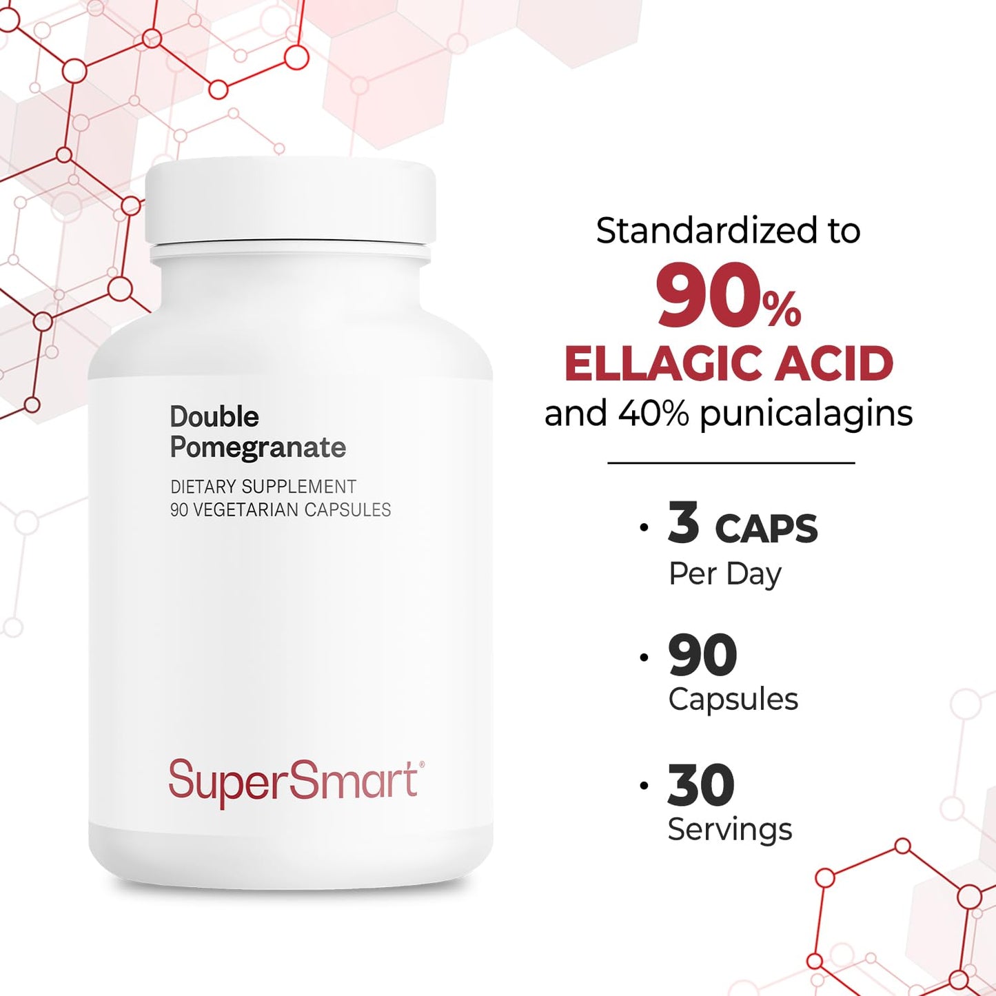 Supersmart Double Pomegranate (High Strength) – 90% Ellagic Acid & 40% Punicalagins – Non-GMO & Gluten Free – 90 Vegetarian Capsules