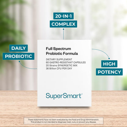 Supersmart Full Spectrum Probiotic Formula 36 Billion CFU per Day (20-in-1) – Non-GMO, Gluten Free, 60 Vegetarian Capsules