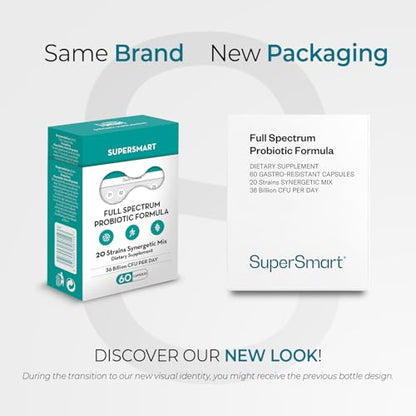 Supersmart Full Spectrum Probiotic Formula 36 Billion CFU per Day (20-in-1) – Non-GMO, Gluten Free, 60 Vegetarian Capsules