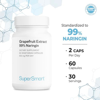 Supersmart Grapefruit Extract 600mg (99% Naringin) – High Potency GSE, Non-GMO & Gluten Free | 60 Vegetarian Capsules
