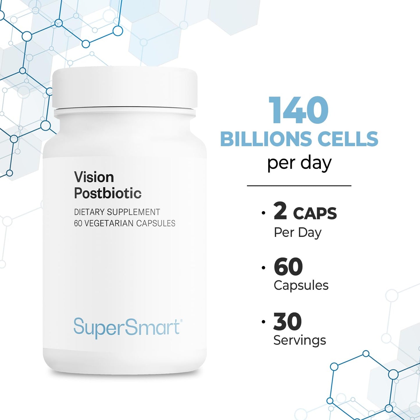 Supersmart Vision Postbiotic: 140B Cells/Day Patented Eye Health Probiotic - 60 Veg Capsules
