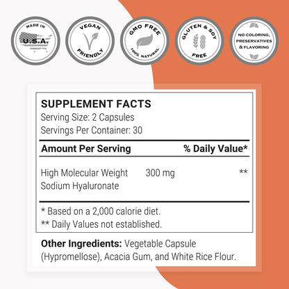Supersmart Hyaluronic Acid 300mg/day | High MW 1.2M Da | Non-GMO & Gluten Free | 60 Vegetarian Capsules